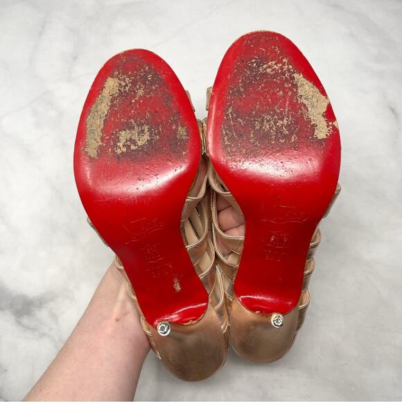 Christian Louboutin Rose Gold Strappy Twist Knot Leather Mule Sandal Heels 39.5 - Picture 10 of 14